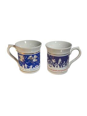 2 Robert Schuller Ministries Christmas Mugs Gold Accents Holiday Scene Vtg 1989